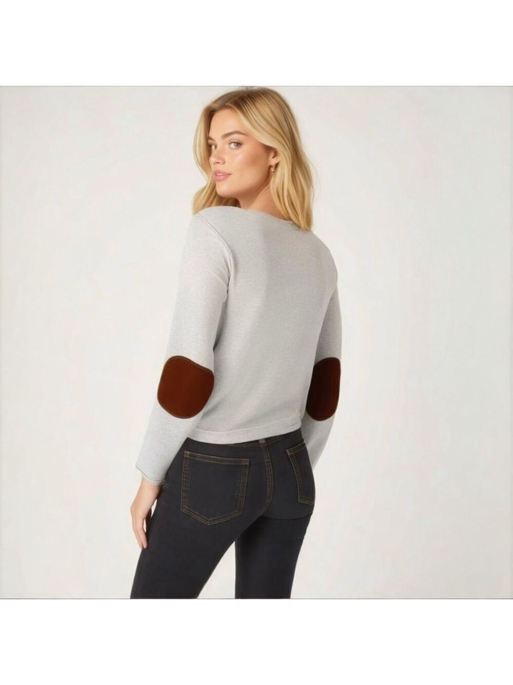 H&M Sweatshirt Elbow Pads Cropped Womens Size 6 Beige Brown Neutral Minimalist